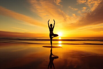 Yoga practice at sunrise, serene beach, meditative pose, golden light, peaceful vibe, wide-angle lens, high detail